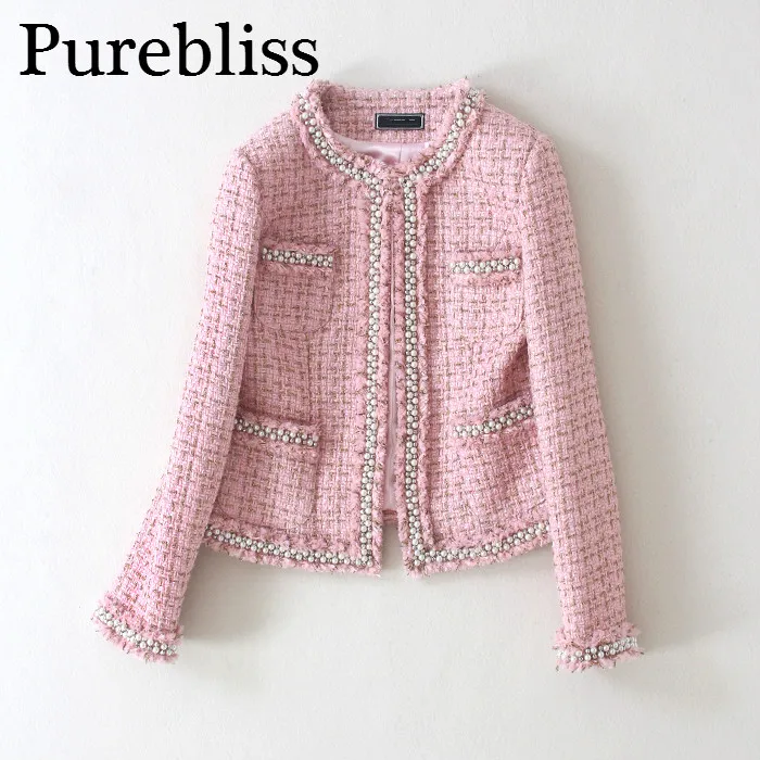 Purebliss 2017 женщин на осень зиму розовый жемчуг твидовый пиджак|Женские куртки| |