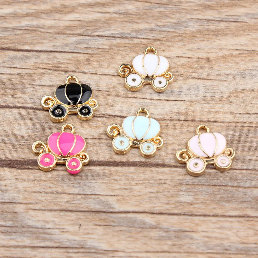 

New Design 50pcs/lot Alloy drop oil Gold Tone Cartoon Princess Pumpkin Cars Shape Metal Charms Diy Jewelry Pendants Accessory