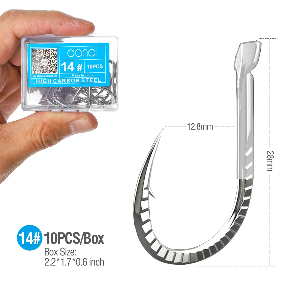 10pcs Size14 DONQL 5/10 штук в коробке из титанового сплава бронзовых морских рыболовных крючков одинарный круг рыболовный крючок 20-65LB колючий карп рыболовные крючки рыбалка катушка аксессуары - Цвет: 10pcs Size14