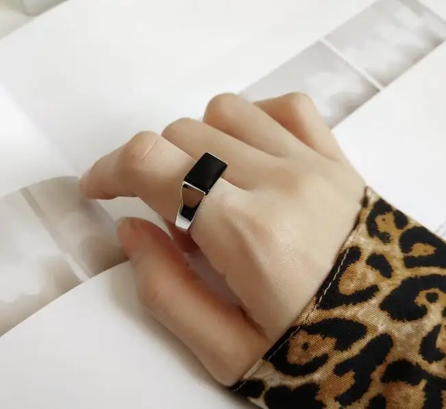 black 1 шт., настоящее Серебро S925 пробы, ювелирные украшения, геометрический прямоугольник, черный/белый агат, кольцо с камнем, регулируемый подарок J359 - Цвет камня: black