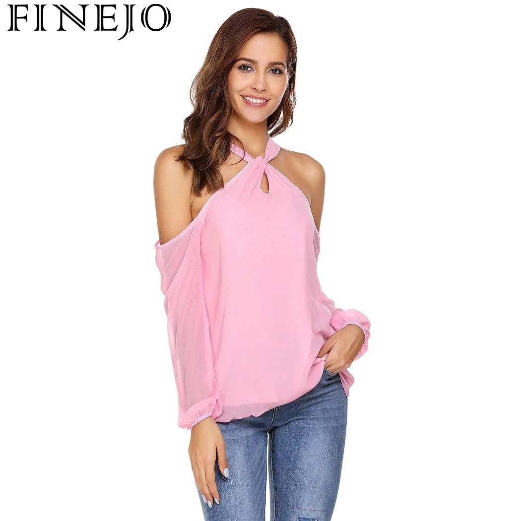 Женские шифоновые топы с длинными рукавами finejowinfashion однотонные открытыми