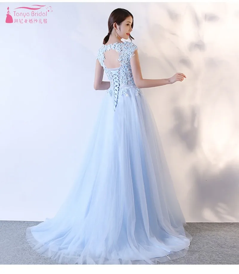 

Light Blue Open Back Sexy Lace Flower Bridesmaid Dresses A Line Long Tulle Simple Wedding Guest Party Dress Gown JQ142