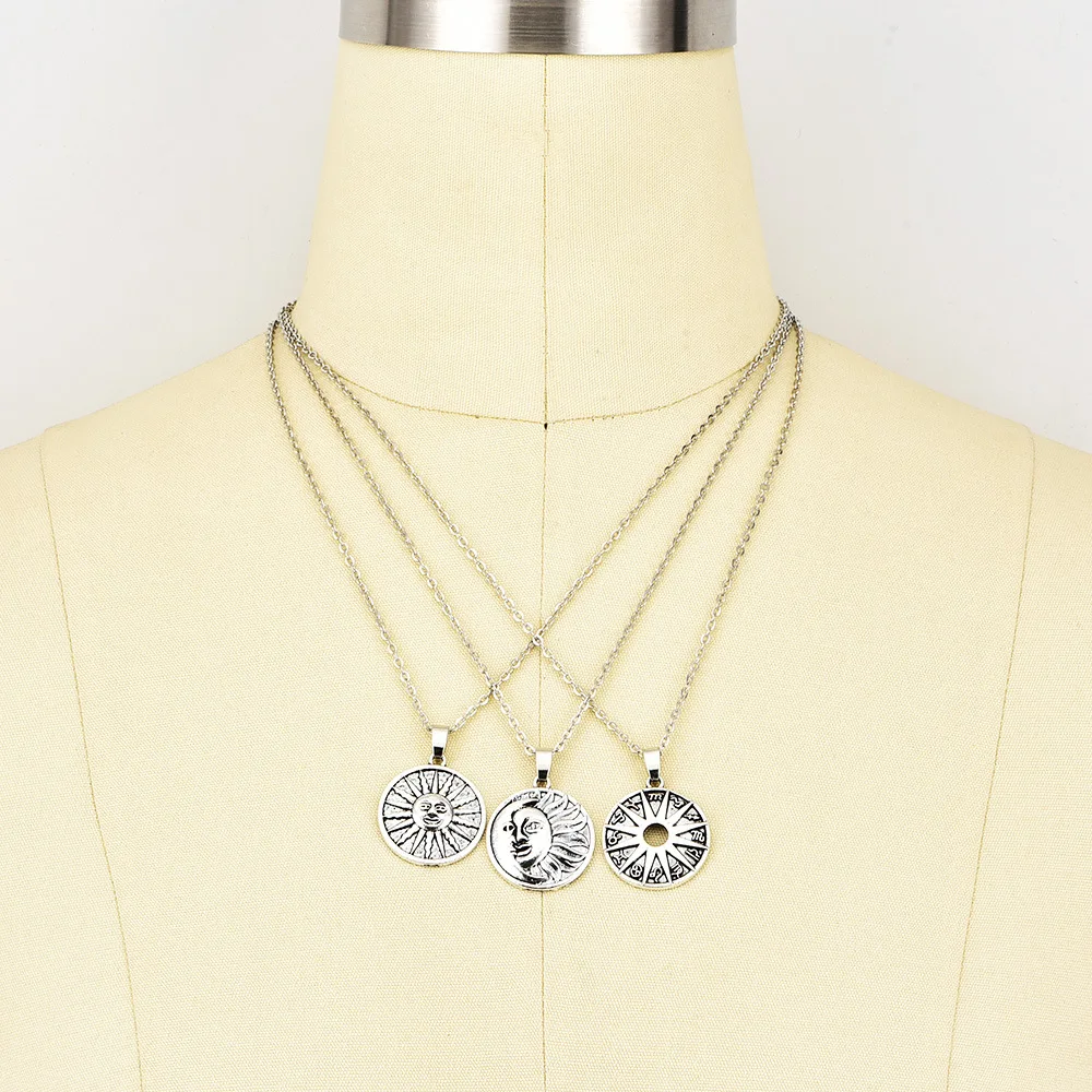 Myelo Unique Design Silver Color Carved Sun Compass Pendants Necklaces For Women Vintage Charms Layered Jewelry Gifts | Украшения и