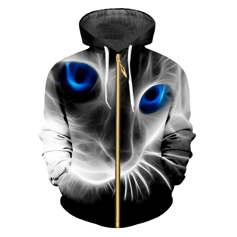 Мужская толстовка с капюшоном UJWI свободная на молнии 3D-принтом в виде кошки