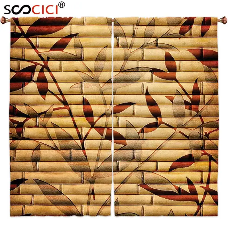 

Window Curtains Treatments 2 Panels,Beige Decor Decorative Bamboo Stems and Leaf Figures over It Spiritual Asian Elements Boho