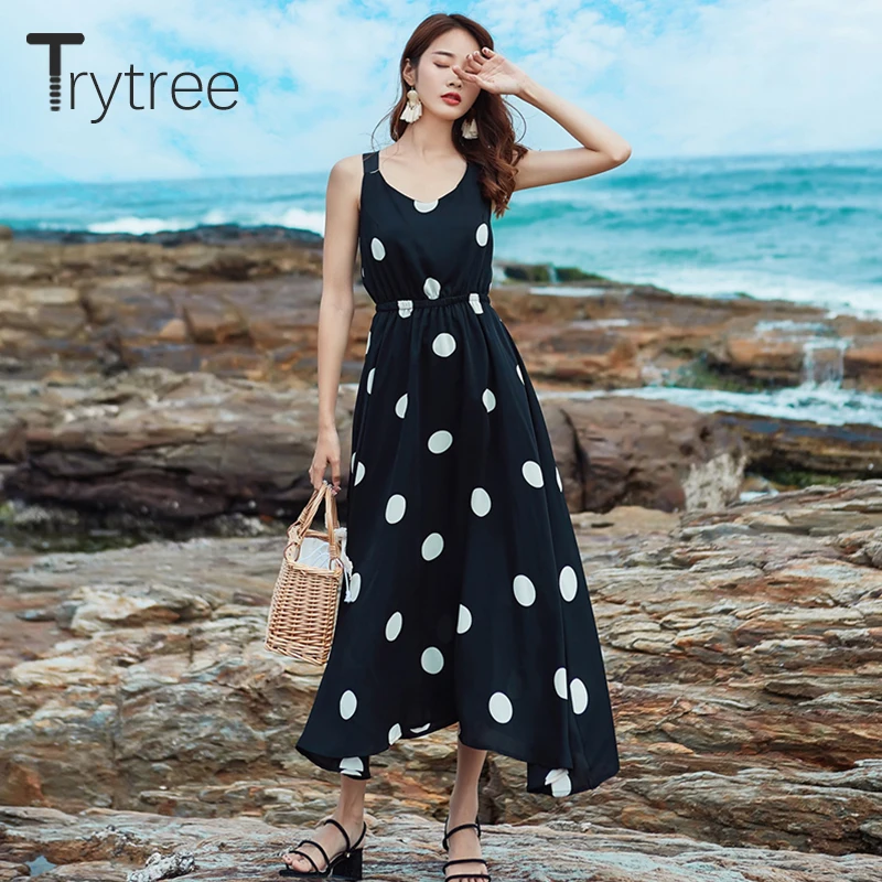 Trytree летнее повседневное женское платье в горошек полиэстер на завязках талии