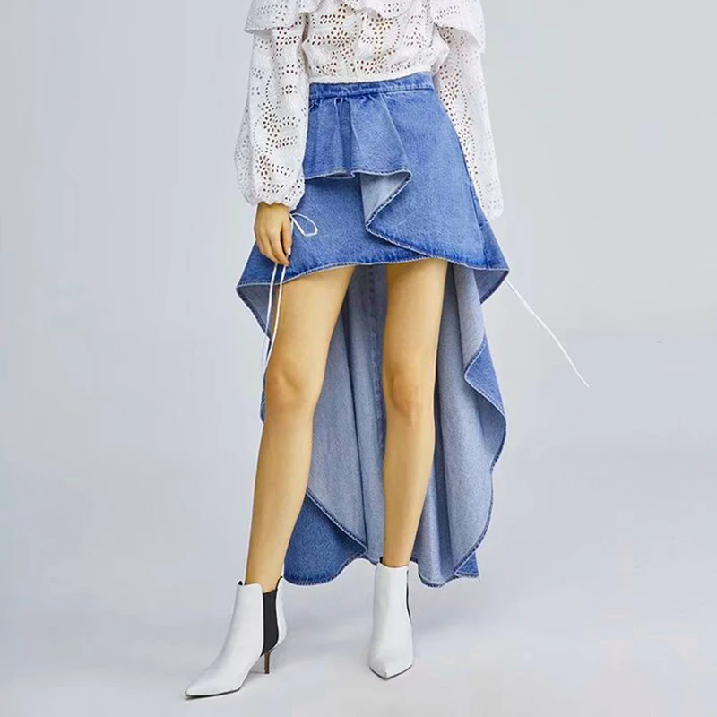 Шикарная Асимметричная джинсовая юбка Женская передняя короткая задняя длинная