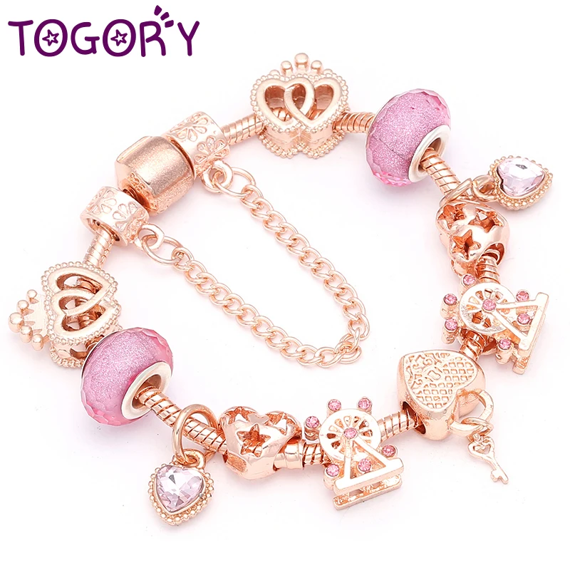 TOGORY 8 Style Rose Gold Love Beads Charm Bracelets For Girl Heart Pendant Fine Bracelet Women Brand Jewelry Dropshipping | Украшения и