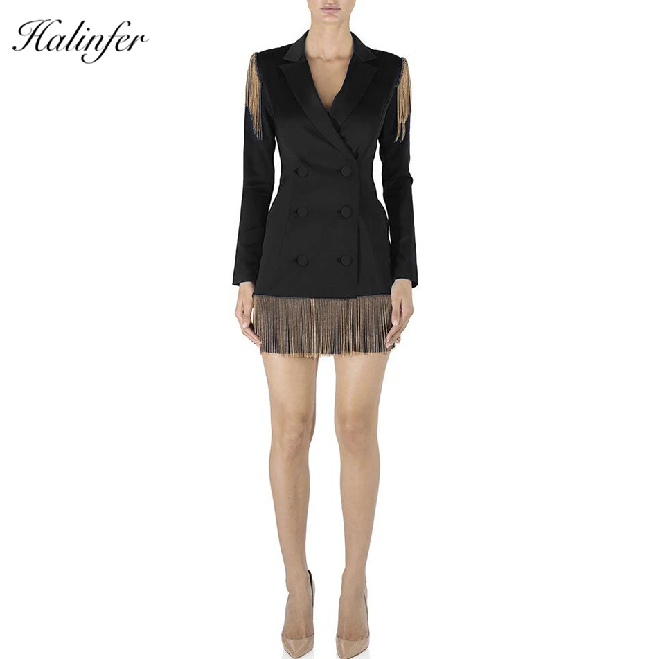 Женское облегающее платье Halinfer черное с кисточками вечернее знаменитости