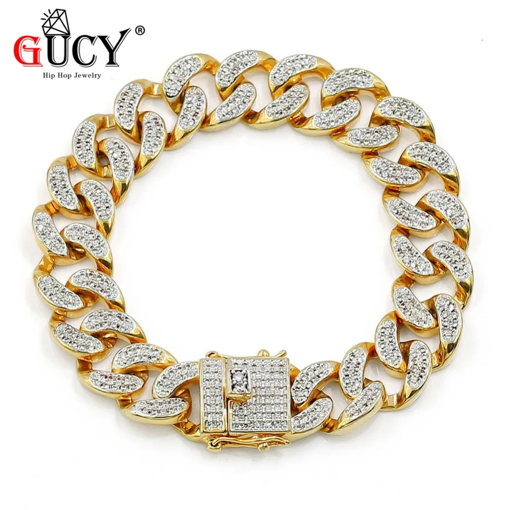 

GUCY Hip Hop Bracelet Gold Color Plated Cuban Chain Micro Pave CZ Stones Bracelet 7inch n 8 Inch Length Bracelets For Men.Gift