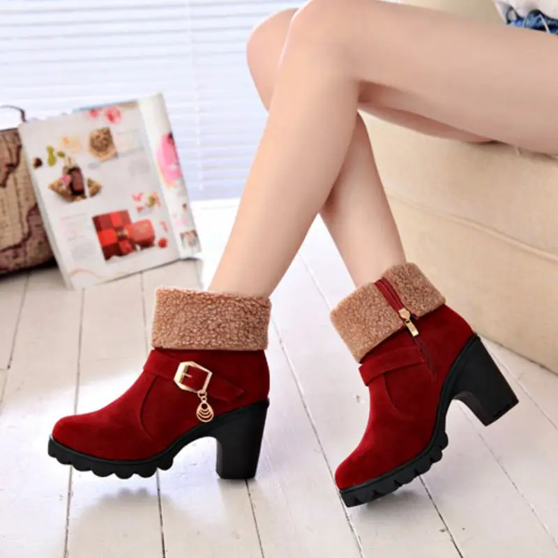 Gladiator Women Half Short Snow Boots Square Heels Thickened Fur Winter Warm Mid Calf Botas Zip Shoes Footwear Size 35-40 | Обувь