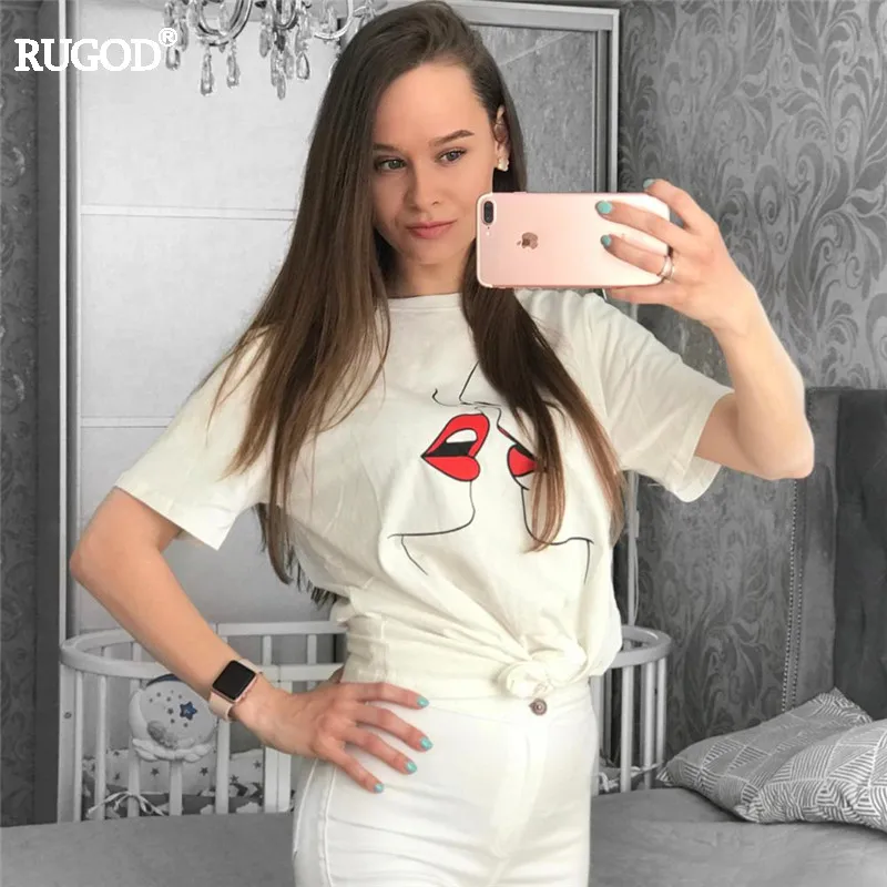 RUGOD 2020 летняя Горячая Распродажа Kawaii Red Kiss принт хлопковая Футболка Harajuku Женская