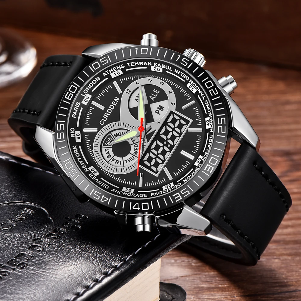 Мужские водонепроницаемые аналоговые часы с хронографом кожаным ремешком |