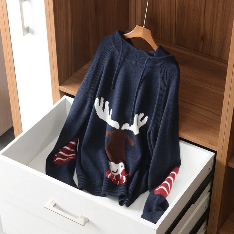

pure goat cashmere cartoon pattern knit women fashion thick hooded pullover sweater dark blue color S-2XL