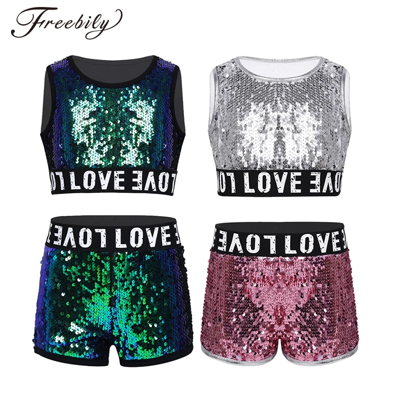 

Fashion Children Kids Girls Hip-hop Jazz Performance Costumes Dancing Clothes Sequin Sleeveless Crop Top with Shorts Set Outfits