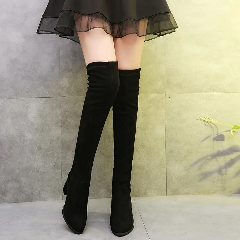 Сапоги с острым носком на квадратном каблуке выше колена шнуровке женская обувь