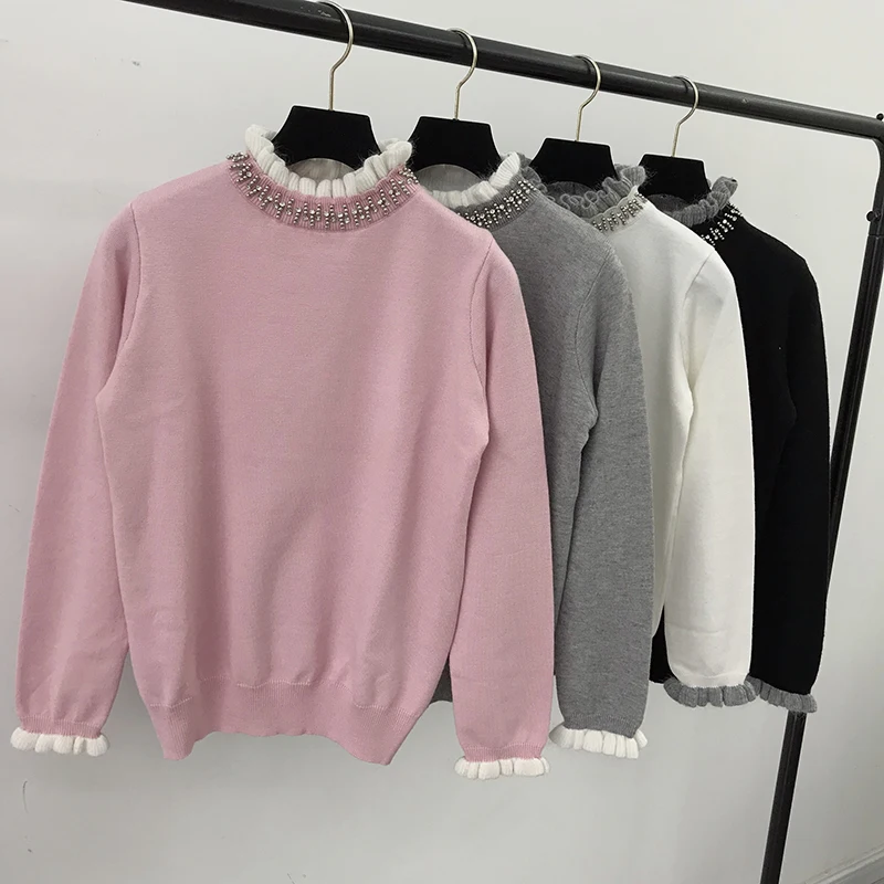 

2019 New Fashion Autumn Winter Women's Neck Bead Sweater Female Pure Color Long Sleeve Basic Knitted Shirt Pullover Knitwear