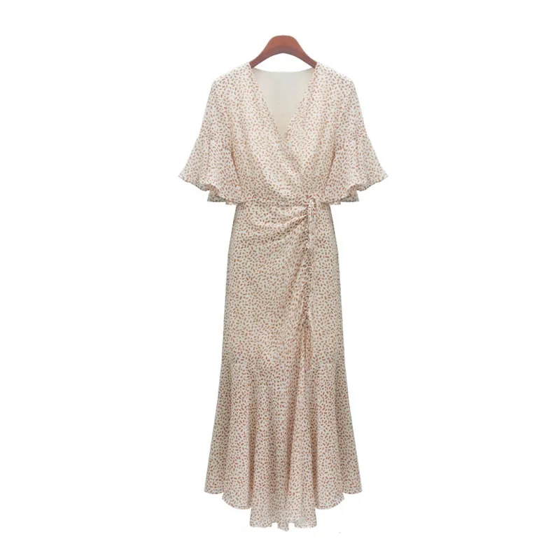 Платье PERHAPS U длинное шифоновое зеленое/черное/оранжевое с принтом V-образным