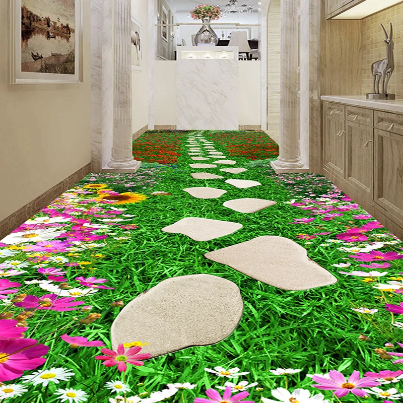 

Custom Photo Wall Paper 3D Creative Flowers Paths Floor Tiles Murals Hotel Living Room Hallways 3D Flooring Wallpaper Home Decor