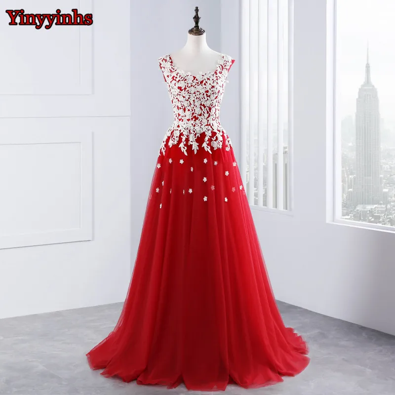 Красное длинное вечернее платье с кружевной аппликацией А силуэта из тюля