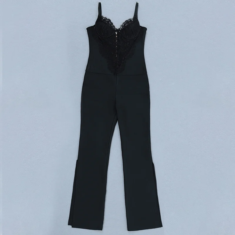 Женский облегающий кружевной комбинезон черный Облегающий с v образным вырезом