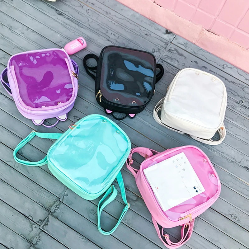 Lovely Cat Ear Leather Backpacks Candy Color Transparent Bag Teenage Girls Travel Bakpack Children Shoulder Bags School Itabag