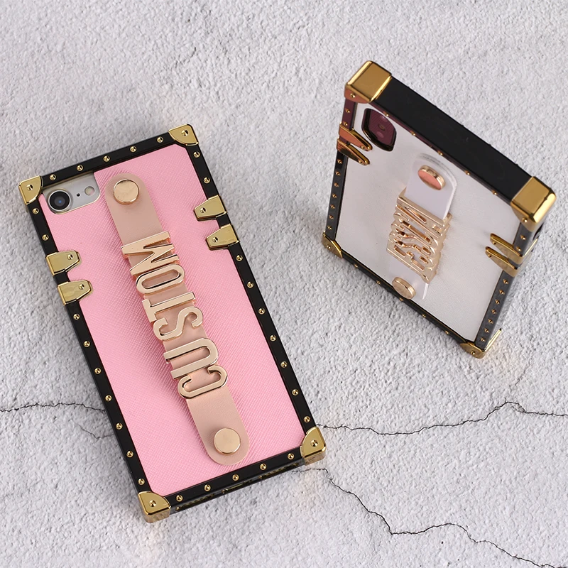 For iPhone 11 Pro 6S XS Max XR 7 7Plus 8 8Plus X Custom Leather Trunk Case Holding Strap Gold Metal Personalized Name Phone Case