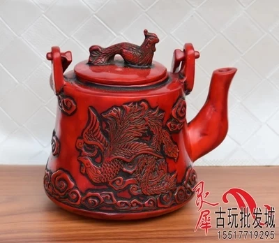 Archaize special craft collection imitation Red Coral carving water pot dragon and Phoenix decoration ornaments | Дом и сад