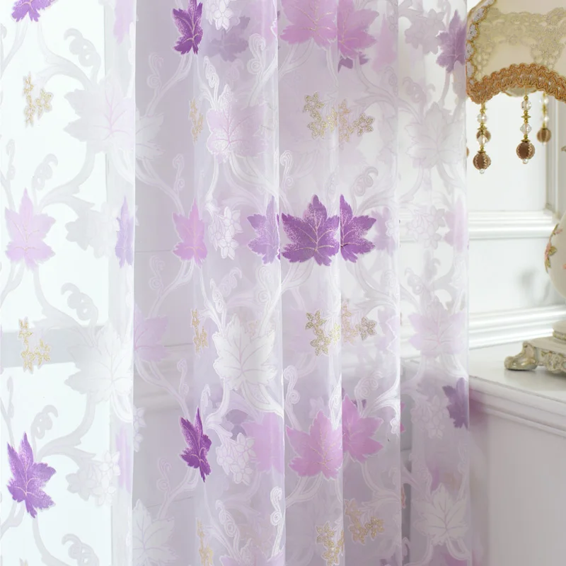 Purple Оконные тюлевые занавески s для гостиной, спальни, отвесная вуаль, кухонные занавески, стили, органза, марлевые занавески, s панель, узор в виде листьев, 1 шт - Цвет: Purple