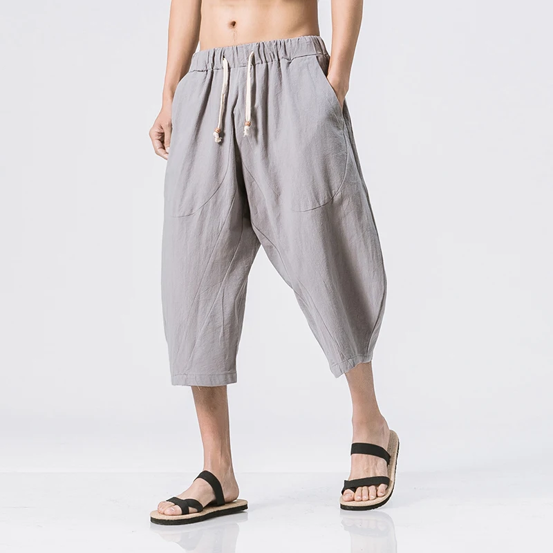 

FFXZSJ brand Mens Cotton Linen Harem Pants Male Summer Casual Calf-Length Pants Man 2018 Solid Broad Leg Loose Pants