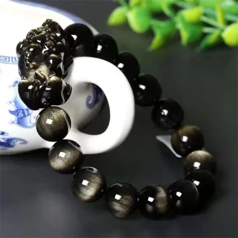 

Natural Gold Obsidian Stone Jades Bracelet Carved Pixiu Round Beads Bracelet Bangles Gift for Men Women's Stone Jades Jewelry