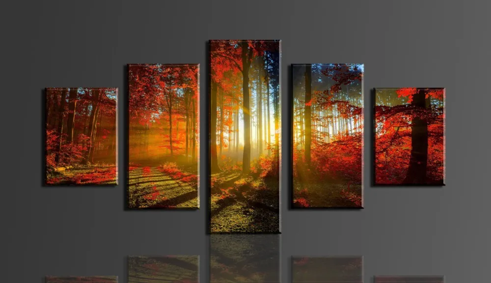 forest and sunset 5 Panel canvas print painting Wall Art Home Decoration Living Room Modern Painting WHOLESALE H03839D N|decorative flowers|paintings