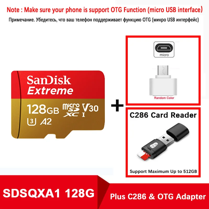SQXA2-128G-C286-OTG sandisk Extreme Micro SD карта U3 V30 A2 128 ГБ mcrosd флэш TF карта картао де Мемория карта памяти для дрона смартфон - Емкость: SQXA2-128G-C286-OTG