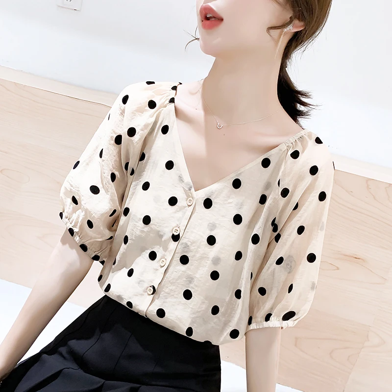 Женская шифоновая блузка в Корейском стиле абрикосового цвета с v-образным