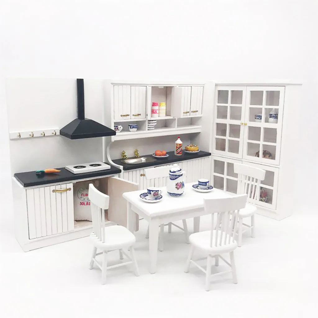 TOP Miniature Kitchen 1:12 Mini Dollhouse Mini Kitchen Dining Table and Chair Cabine FOR CHILDREN TOY a613