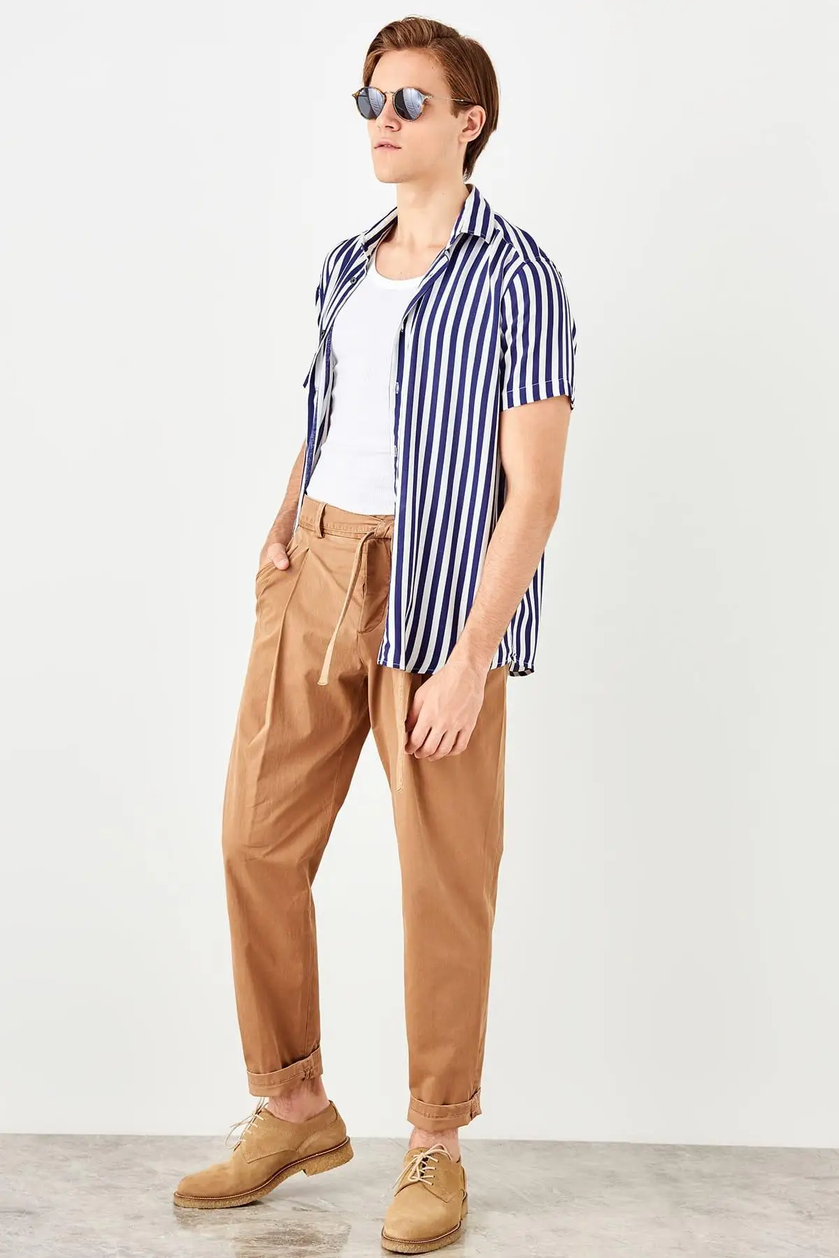 Trendyol темно-синий мужской полосатый короткий рукав Slim Fit новая рубашка TMNSS19RS0065 |