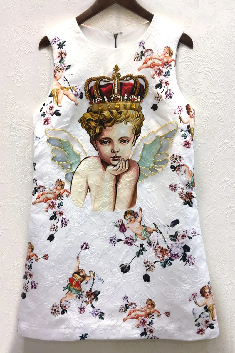 

Guesod 2018 summer women dress high quality handmade diamond crown angel print vintage luxury dress slim new arrive
