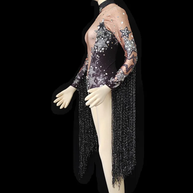 Fashion Tassel Stretch Women Bodysuits Stage Performance Sexy Dancer Catsuits Pearls Crystals Jumpsuits Nightclub Singer Clothes