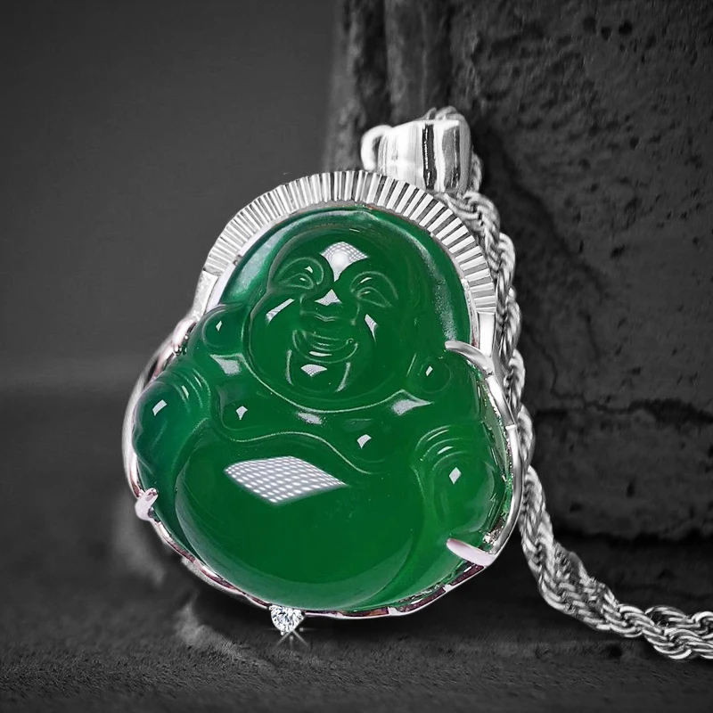 

Green Buddha Men's Zircon Pendant Necklace Set Plated Hip Hop Jewelry