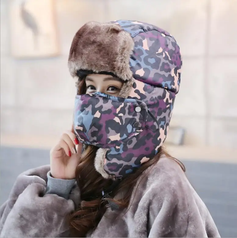 

High Quality Women Warm Winter Earflap Cap Fashion Printed Deer Russian Trapper Hat Ladies Knitted Fur Aviator Bomber Hat