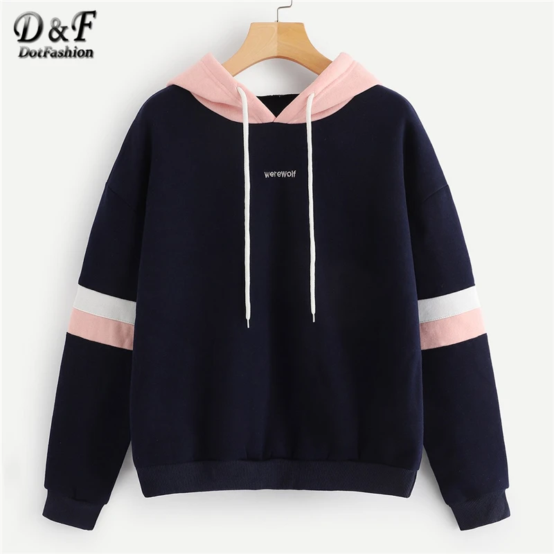 Dotfashion, темно-синяя цветная полосатая Толстовка на шнурке, женская одежда, осенняя Повседневная Женская толстовка с длинным рукавом, пуловеры