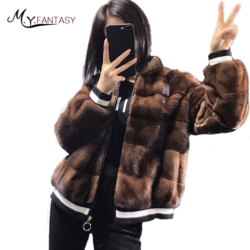 Женское Норковое Пальто с круглым вырезом M. Y. FANSTY Полосатое пальто натуральным