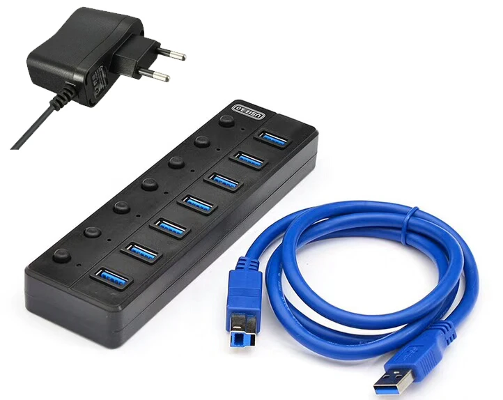 

USB Hub 3.0 High Speed 7 Port USB 3.0 Hub Splitter On/Off Switch with EU/US Power Adapter for MacBook Laptop PC