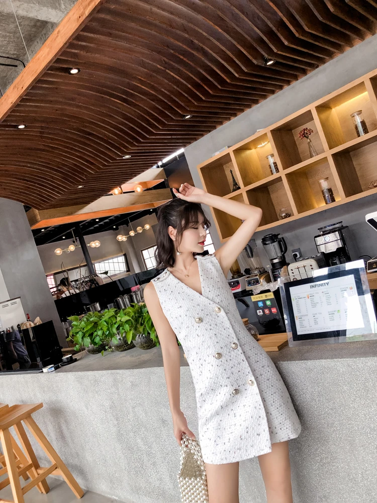 2018 Newest Fashion Design Brand Tweed Dress Lady Sleeveless Slim Women Double-breasted White Elegant Casual Woolen Mini Dresses | Женская