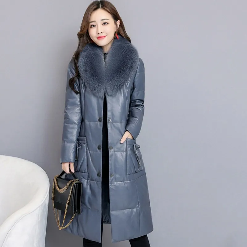 blue Куртка из искусственной кожи с воротником из лисьего меха женская элегантная Роскошная S-4XL больших размеров женские длинные парки зауженное пальто впору теплая зимняя одежда - Цвет: blue