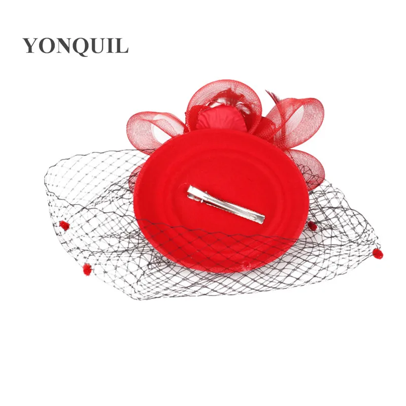 

Red Fascinator Base for Women Veil Flower Feather Netting Hat for Bridal Wool Hair Hat Birdcage Veil Cocktail Party Millinery