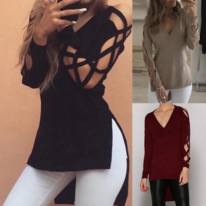 2018 Plus Size Women Blouse Sexy Hollow Out Bandage Shirts Long Sleeve Summer V-Neck High Split Tops Club Party Tee Shirt Blusas |