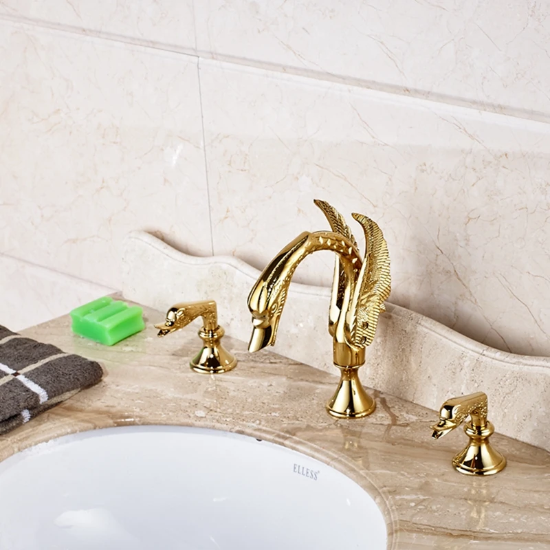 Роскошный золотой Латунный Кран с лебедем широкий 3 отверстия 2 ручки смеситель