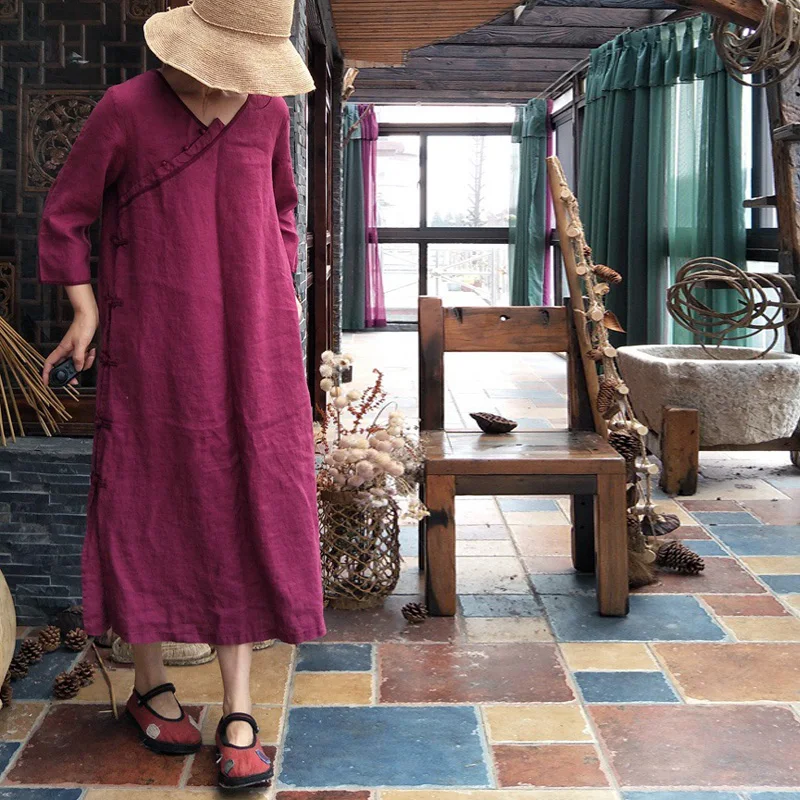 Женское винтажное платье Johnature льняное с v образным вырезом и длинным рукавом
