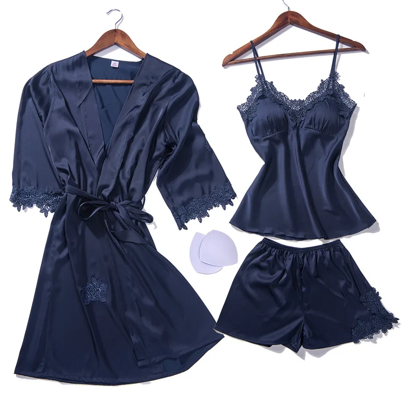 Новинка 2018 пижама из искусственного шелка комплект 3 предметов сексуальные
